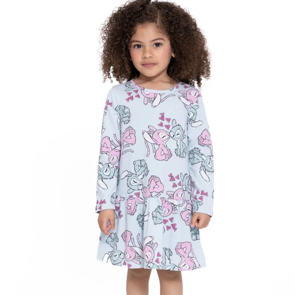 Disney Stitch Toddler Girls Drop Waist Dress 5T Blue Long Sleeve EUC